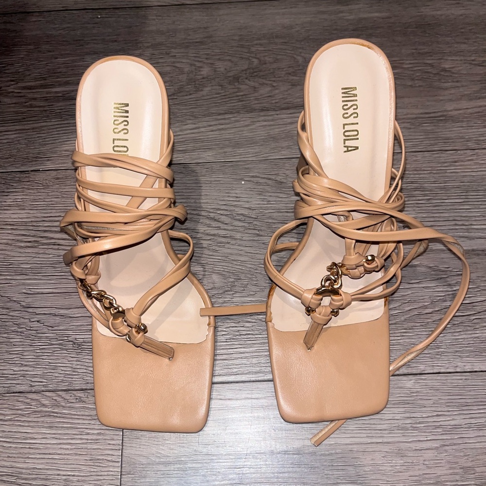 Miss Lola Tan Strappy Sandals with Square Toe